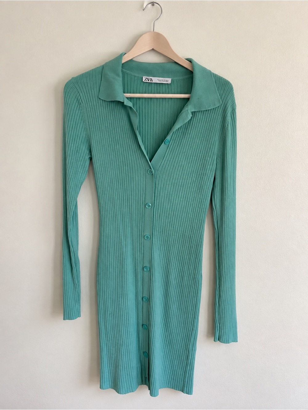 Zara Seafoam Ribbed Button-Front Long Sleeve Dress
